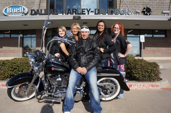 Joey Greco with the ladies of Dallas Harley-Davidson