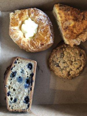 Lemon danish, quiche, chocolate chip cookie, vegan blueberry banana bread!