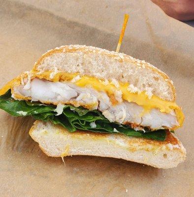 Inside of our split fried grouper Sammie! Delish