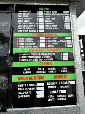 Taco truck menu