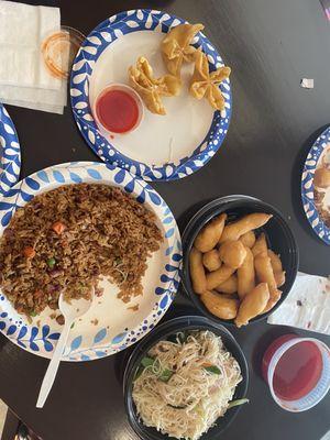 Crab Rangoon, Pork fried rice, Sweet and Sour Chicken, and Vegetable Mei Fun.