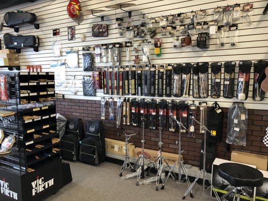 Plenty of specialty sticks and drum hardware on hand