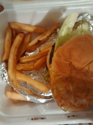 Burger, chicken quesadilla and a few fries