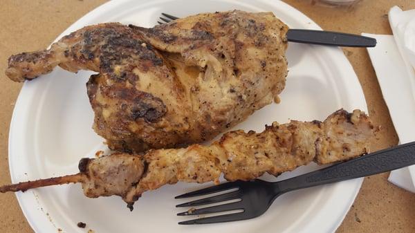 Greek chicken and pork.  Pork was dry and this plate was $18.