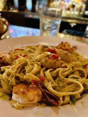 Seared Scallop and Prawn Pesto Fettuccine