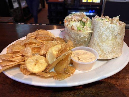 Chicken Caesar wrap with homemade potato chips