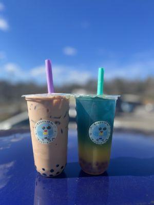 Milk Tea w/ brown sugar pearls and Galaxy Lemonade with Raspberry popping!