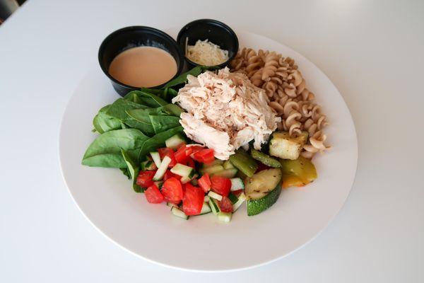 Rainbow Pasta Salad with house made ginger tahini dressing