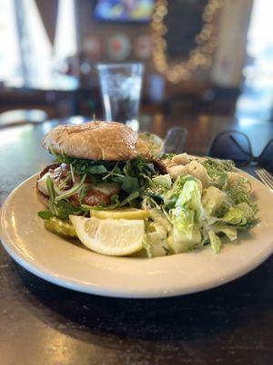 Cajun Salmon Sandwich with a side ceasar