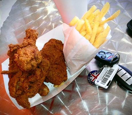 $4.98 Tuesday special: 2 wings, 2 legs, fries and a drink! Alotta food!