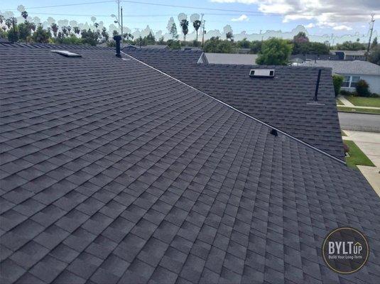 GAF charcoal comp shingle roofing system with low profile O'Hagin vents and full Silver Pledge Warranty in Long Beach, CA.