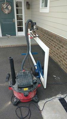 Mortising in custom lock on a storm door.