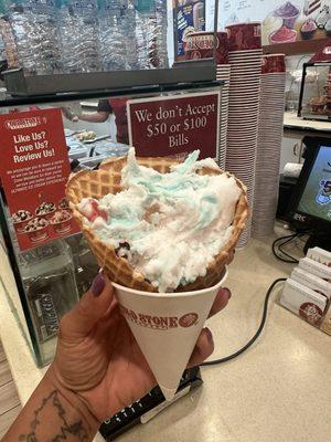 Cotton candy ice cream, pink lemonade sorbet, waffle cone