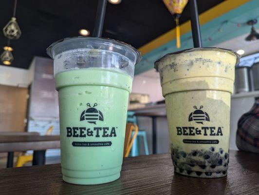 Honeydew Smoothie and Oreo Matcha creme brulee milk tea