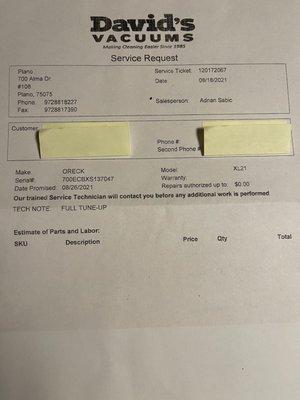 Invoice showing no charge for annual tune up and new company name