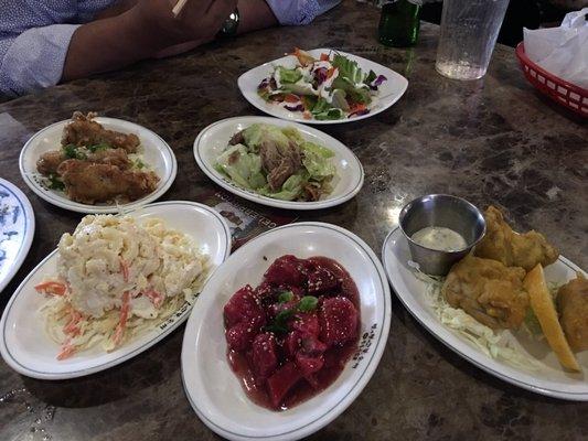 Comp with 2 beer purchase - Chicken Wings, salad, kalua pig with cabbage, karaage chicken, kau yuk, macaroni salad - VN