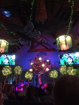 The church all decorated like the enchanted forest for the kids' Vacation Bible School.