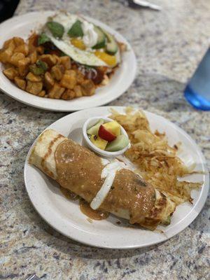 Breakfast enchiladas and chimichanga