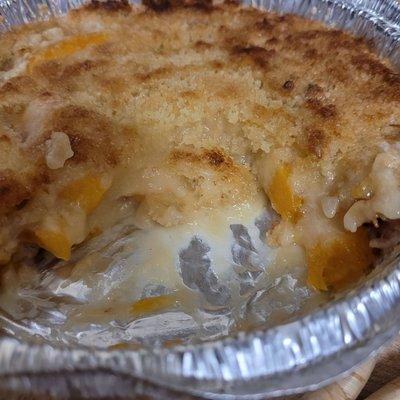 The peach bourbon cobbler baked up