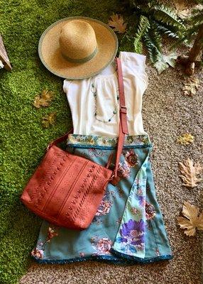 Cute Summer Outfit, Zand Amsterdam reversible wrap/snap skirt, Anabaglish crossbody bag, Forge & Fire necklace & Sue Bradbury cotton top.