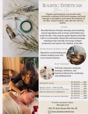 Holistic Esthetician services & prices