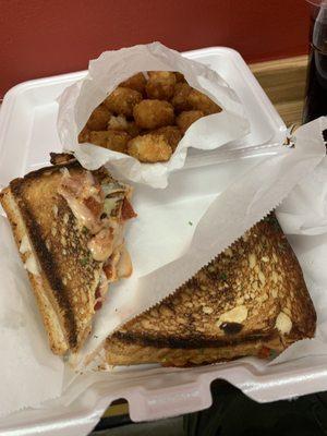 Pizza grilled cheese sandwich  and the most amazing garlic tater tots