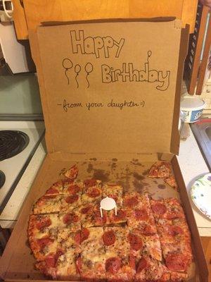 called for my dads bday from AZ to surprise him w/ his fav pizza They were kind &sweet & they wrote in the box for him.Service&quality is