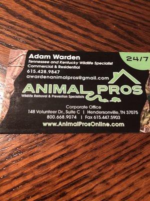 Great service from Adam Warden at Animal Pros!!!