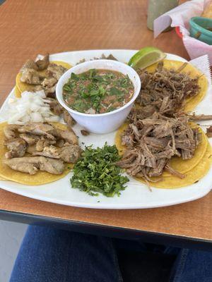 My street tacos--brisket and chicken fajita.