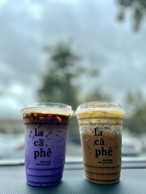 Ube coffe and coffee with egg cream. Yum