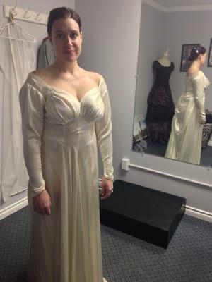 Celeste completely restructured my grandmother's 1944 wedding dress (size 2) to fit my size 12 frame!