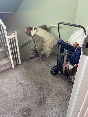 More dirty carpets.  Homeless asked to leave building at 6am. Yes. That's a pipe on the floor.