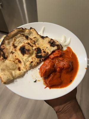 Burned Garlic Naan, Chicken tikka masala with red food color