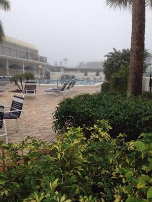 The pool area on a foggy morning on Siesta Key