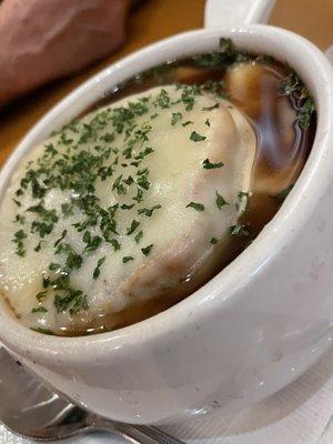 French onion soup, kind of cold and mushrooms not cooked