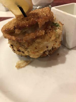 Fried green tomatoes and crab cake Napoleon