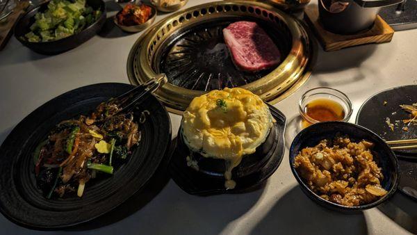 Japchae Egg souffle Ribeye Galbi fried rice