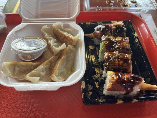 Gyoza and black dragon roll.