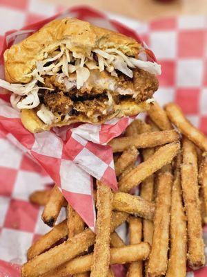 CRISPY slaw Sando with Cheesy Flake Fries