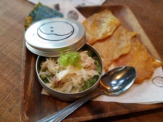 Dungeness Crab Tartare w/ Wasabi Mayo, Chicken Skin, Roasted Nori