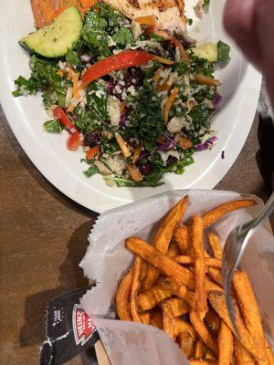 Kale salad, sweet potatoes fries, & salmon