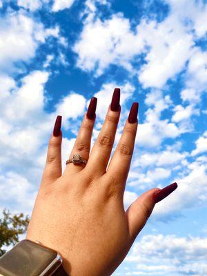 Burgundy matte coffin nails by Julie