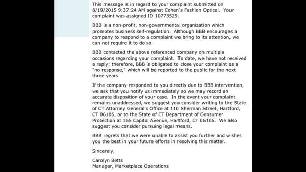 Better Business Bureau (BBB) response. many attempts to contact the establishment who  showed no interest to respond to the BBB.