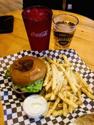 Keystone burger  and garlic fries