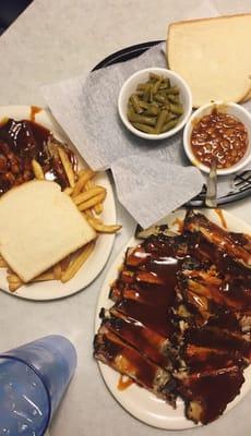 Rib Tips with fries & whole rack of Ribs. Baked Beans & GreenBeans for sides.