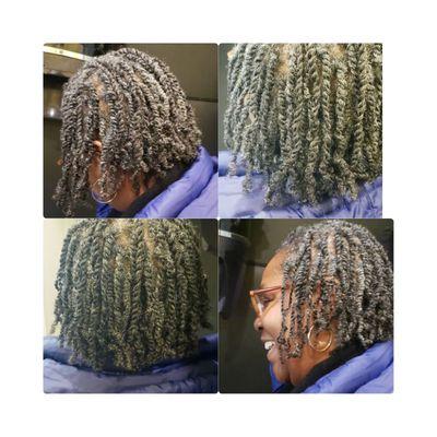 Natural double strand twist  on natural Grey hair.