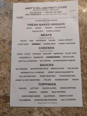 Andy's menu for sandwiches and burgers and more