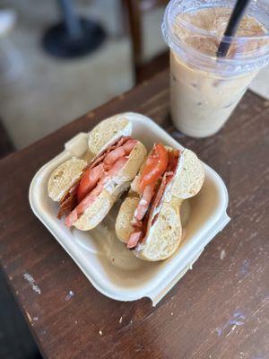 Iced Pistachio Vanilla Latte and Breakfast Bagel with Cream Cheese, Bacon, and Tomato