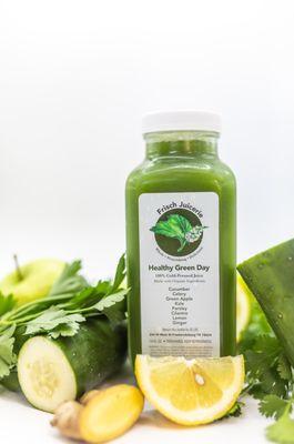 Healthy Green Day is our best selling juice that is a well balanced presentation of immune boosting greens with light ginger and lemon.