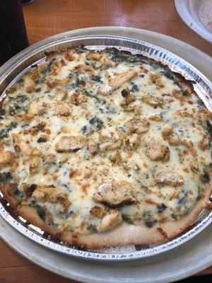 Gluten-free Spinach and Chicken Alfredo Pizza.